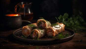 Fresh spring rolls with vegetables and pork, a healthy appetizer generated by AI photo