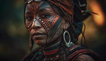 indígena belleza joven mujer elegancia en tradicional ropa y joyería generado por ai foto