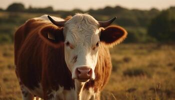 Holstein cattle grazing on a green meadow at sunset generated by AI photo