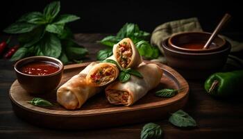 Freshly grilled beef taco with homemade guacamole and spicy salsa generated by AI photo