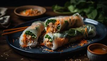 Fresh spring roll wrapped up with vegetables and pork meat generated by AI photo