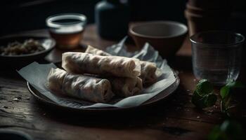 Freshly cooked Chinese dim sum on rustic crockery, ready to eat generated by AI photo