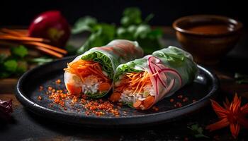 Fresh gourmet spring roll appetizer with rolled up vegetables and meat generated by AI photo