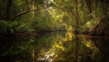 tranquilo escena de un bosque estanque refleja natural belleza perfectamente generado por ai foto