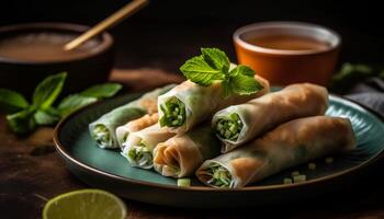 Fresh spring rolls with pork and vegetables on rustic plate generated by AI photo