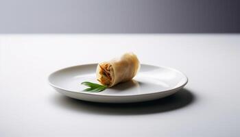 Healthy vegetarian dumplings steamed with fresh vegetables on white plate generated by AI photo