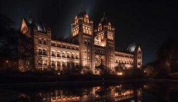 Famous Gothic monument illuminated at dusk reflects in water below generated by AI photo