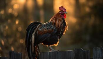 majestuoso gallo en pie en un gratis rango granja a amanecer generado por ai foto