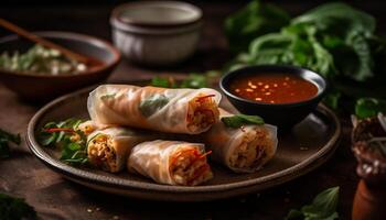 Fresh spring roll with pork, beef, and vegetables, homemade sauce generated by AI photo