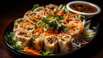 Fresh spring roll with pork, vegetables, and cilantro appetizer generated by AI photo
