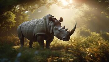 Horned rhinoceros grazing on grass in African wilderness at sunset generated by AI photo