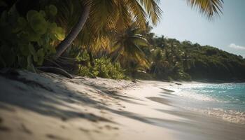 Idyllic sunset over tranquil waters, palm trees sway in breeze generated by AI photo