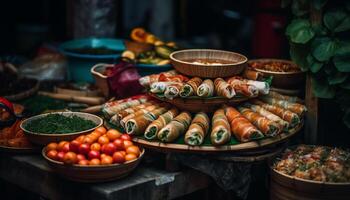 Fresh seafood and vegetable meal in wooden bowl for healthy eating generated by AI photo