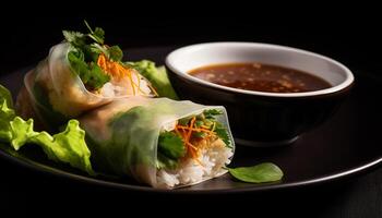 Fresh spring rolls with savory pork and vegetable filling, ready to eat generated by AI photo