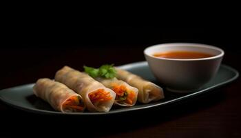 Fresh spring roll appetizer plate with rolled up vegetable dim sum generated by AI photo