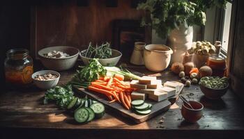 Fresh organic vegetables on rustic wooden table for healthy meal generated by AI photo