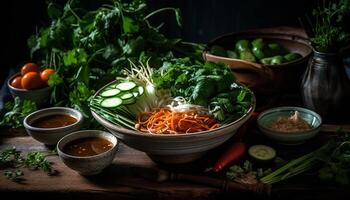 Fresh vegetable salad on rustic wooden table, healthy gourmet meal generated by AI photo