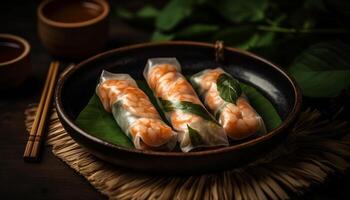 Freshly cooked Chinese dumplings with savory soybean sauce on plate generated by AI photo