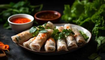 Fresh spring roll with vegetables and shrimp, served with sauce generated by AI photo
