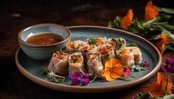 al vapor oscuro suma plato con Cerdo y vegetal empanadillas generado por ai foto