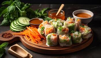 Fresh vegetable spring roll with savory sauce, healthy Vietnamese appetizer generated by AI photo