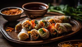 Fresh spring rolls with pork and vegetables, served with sauce generated by AI photo