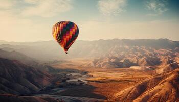 Men flying hot air balloon over mountain range, extreme adventure generated by AI photo