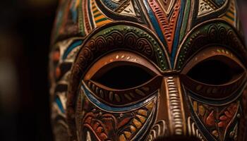 Ancient wood mask Indigenous craft, ornate pattern, multi colored disguise generated by AI photo