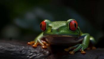 Red eyed tree frog sitting on wet branch in tropical forest generated by AI photo