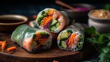 Fresh gourmet spring roll with vegetables, pork, and avocado generated by AI photo