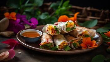 Freshly cooked Vietnamese spring rolls on a rustic wooden plate generated by AI photo