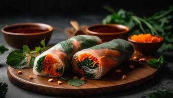 Fresh spring rolls with pork, vegetables, and cilantro appetizer generated by AI photo