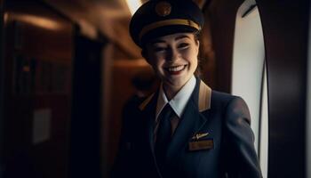 Smiling young adult Caucasian woman in suit, confident air stewardess generated by AI photo