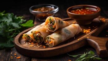 Fresh spring rolls with meat and vegetables wrapped in rice paper generated by AI photo