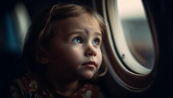 Cute Caucasian toddler sitting in car, looking out window happily generated by AI photo