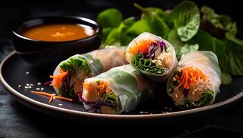 Fresh spring rolls with vegetables and pork, served on plate generated by AI photo
