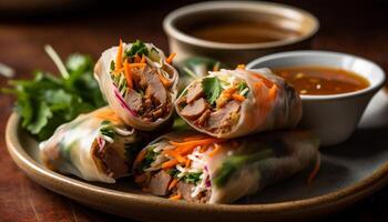 Fresh spring rolls with pork and vegetables, a healthy appetizer generated by AI photo