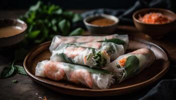 Fresh spring roll appetizer wrapped with vegetables and shrimp generated by AI photo