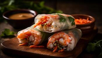 Fresh spring roll appetizer with vegetables and savory sauce dip generated by AI photo
