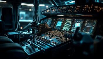 Noche cabina de comercial avión con iluminado controlar panel y velocímetro generado por ai foto