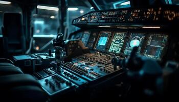 Nighttime cockpit of commercial airplane with illuminated control panel and speedometer generated by AI photo