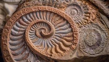 Ancient animal markings on spiral ammonite, a prehistoric fossil discovery generated by AI photo