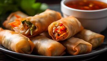 Fresh spring roll appetizer with vegetables and pork on plate generated by AI photo