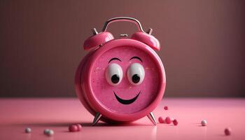 Cute cartoon clock smiling, waking up with cheerful countdown timer generated by AI photo