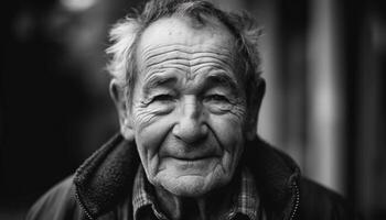 sonriente mayor hombre con gris pelo mirando a cámara al aire libre generado por ai foto