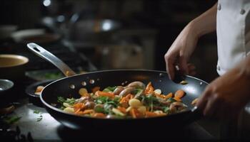 Chef preparing healthy gourmet meal with fresh organic vegetables indoors generated by AI photo