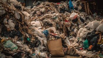Garbage heap, plastic bag, messy landfill, environmental damage, recycling symbol generated by AI photo