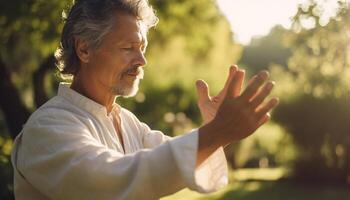 Smiling senior man meditates in nature, enjoying wellbeing and relaxation generated by AI photo