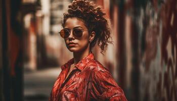 Young woman exudes confidence and elegance in fashionable sunglasses generated by AI photo