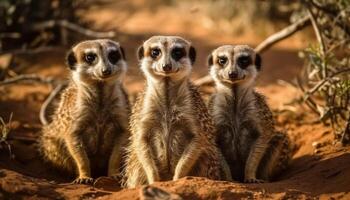 Small group of cute meerkats standing alert in African nature generated by AI photo